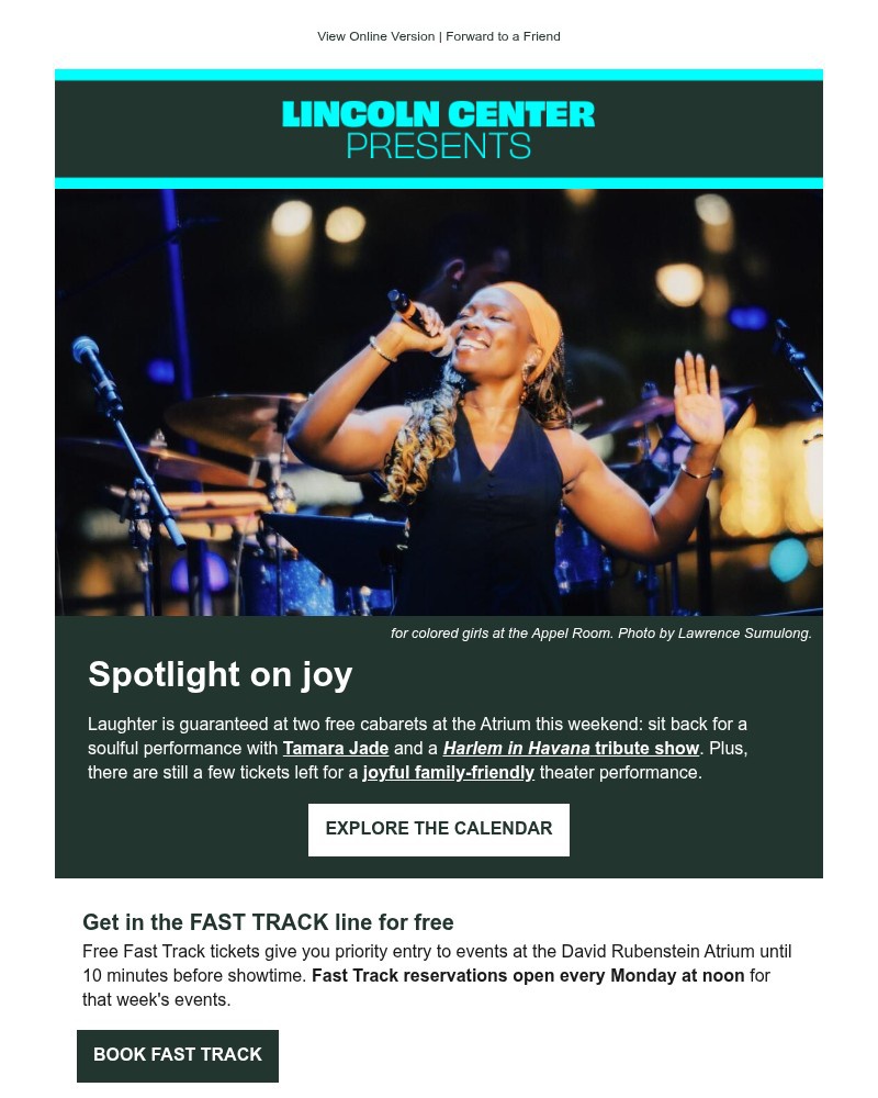Screenshot of email sent to a Lincoln Center for the Performing Arts Newsletter subscriber