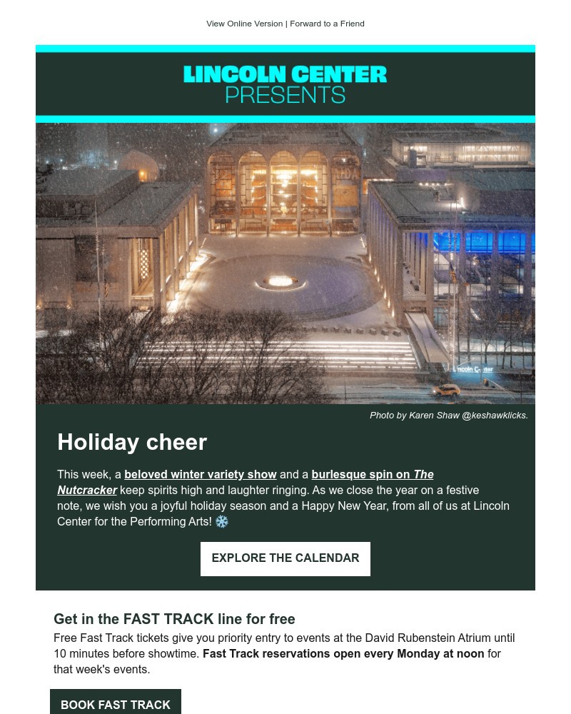 Screenshot of email sent to a Lincoln Center for the Performing Arts Newsletter subscriber