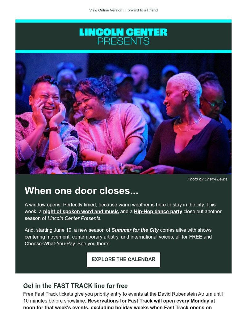 Screenshot of email sent to a Lincoln Center for the Performing Arts Newsletter subscriber