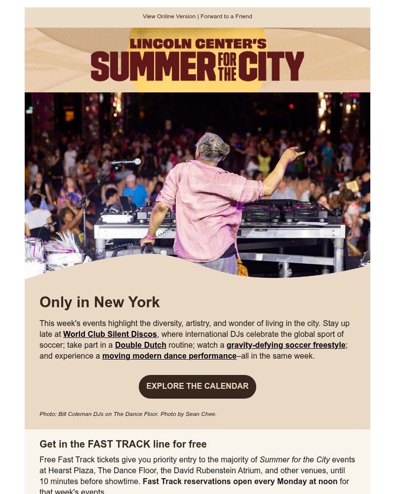 Screenshot of email sent to a Lincoln Center for the Performing Arts Newsletter subscriber