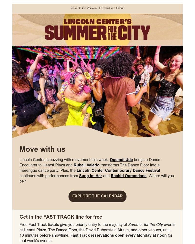 Screenshot of email sent to a Lincoln Center for the Performing Arts Newsletter subscriber