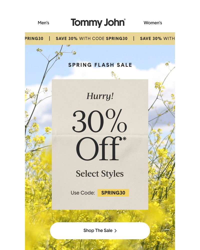 Screenshot of email sent to a Tommy John Newsletter subscriber