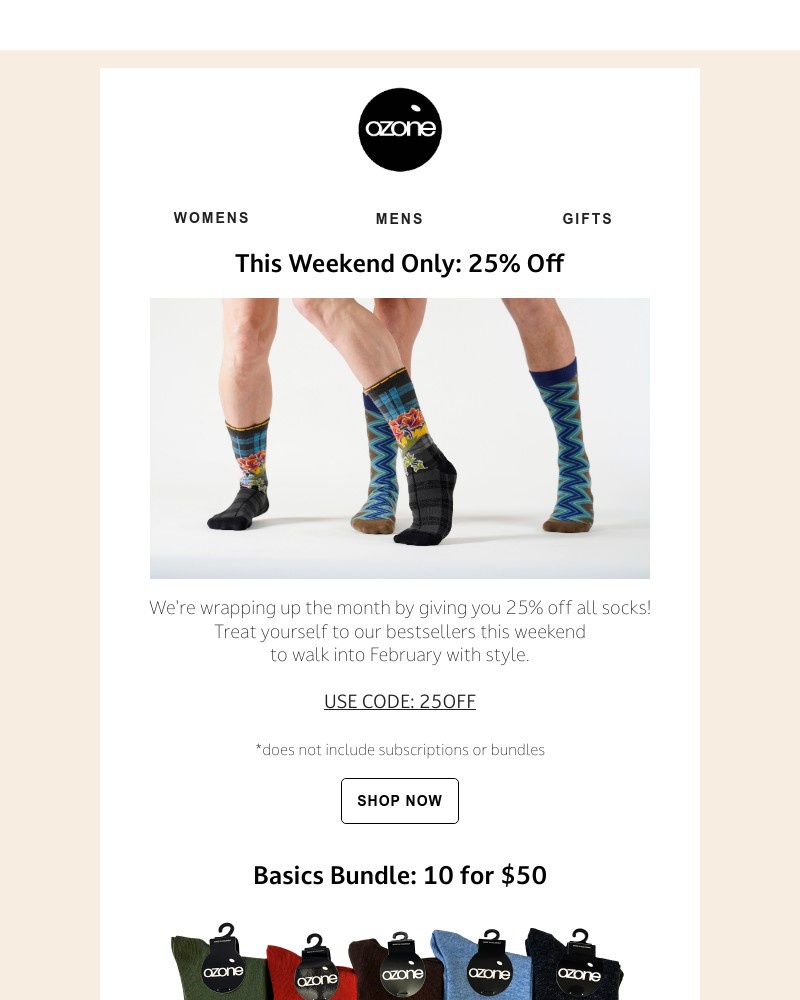 Screenshot of email with subject /media/emails/this-weekend-only-25-off-all-socks-0d5d4c-cropped-a79e1832.jpg