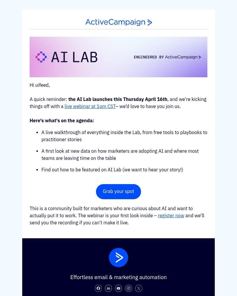 Screenshot of email sent to a ActiveCampaign Customer