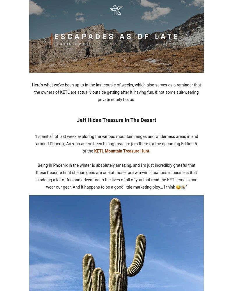 Screenshot of email sent to a KETL Mountain Apparel Newsletter subscriber