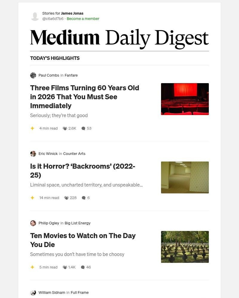 Screenshot of email sent to a Medium Registered user