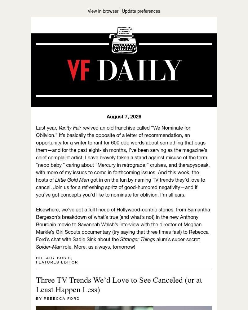 Screenshot of email sent to a Vanity Fair Newsletter subscriber