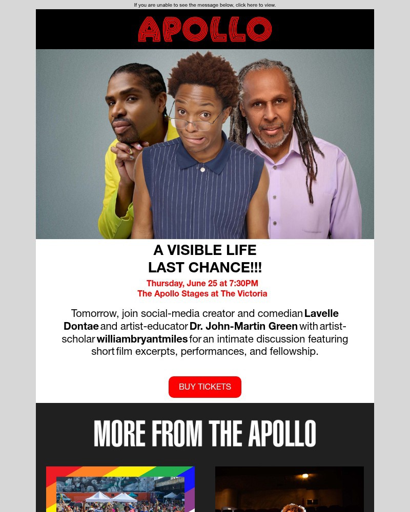 Screenshot of email sent to a Apollo Theater Newsletter subscriber