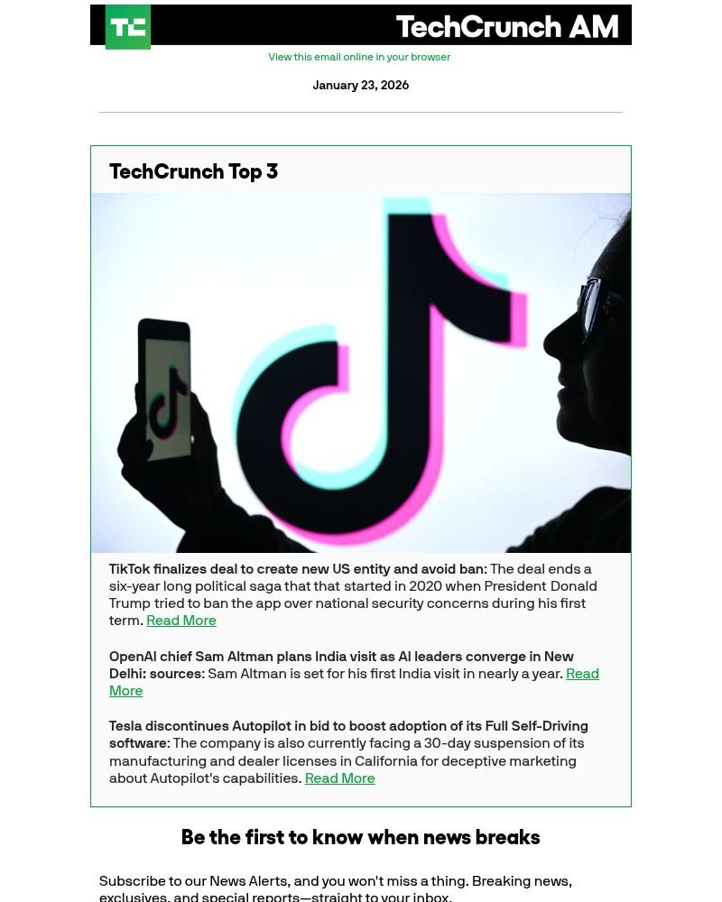 Screenshot of email sent to a Techcrunch Newsletter subscriber