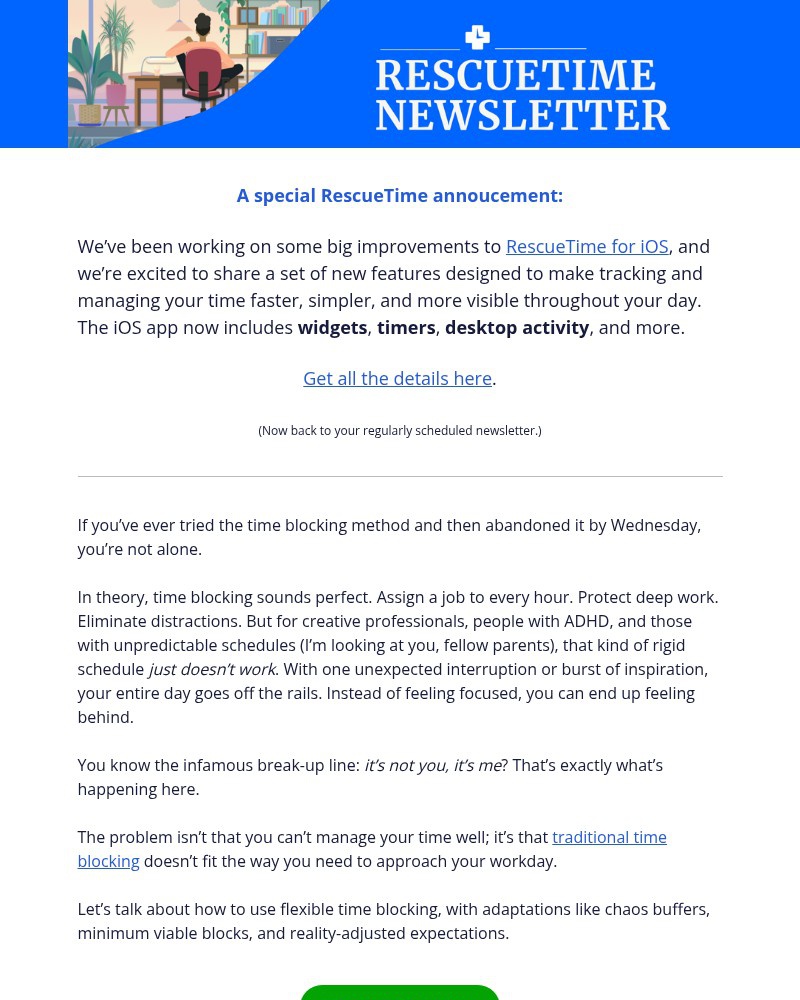 Screenshot of email sent to a RescueTime Newsletter subscriber