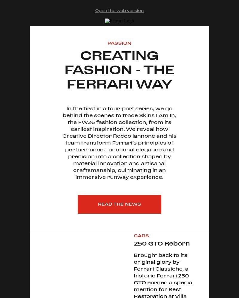 Screenshot of email sent to a Ferrari Newsletter subscriber