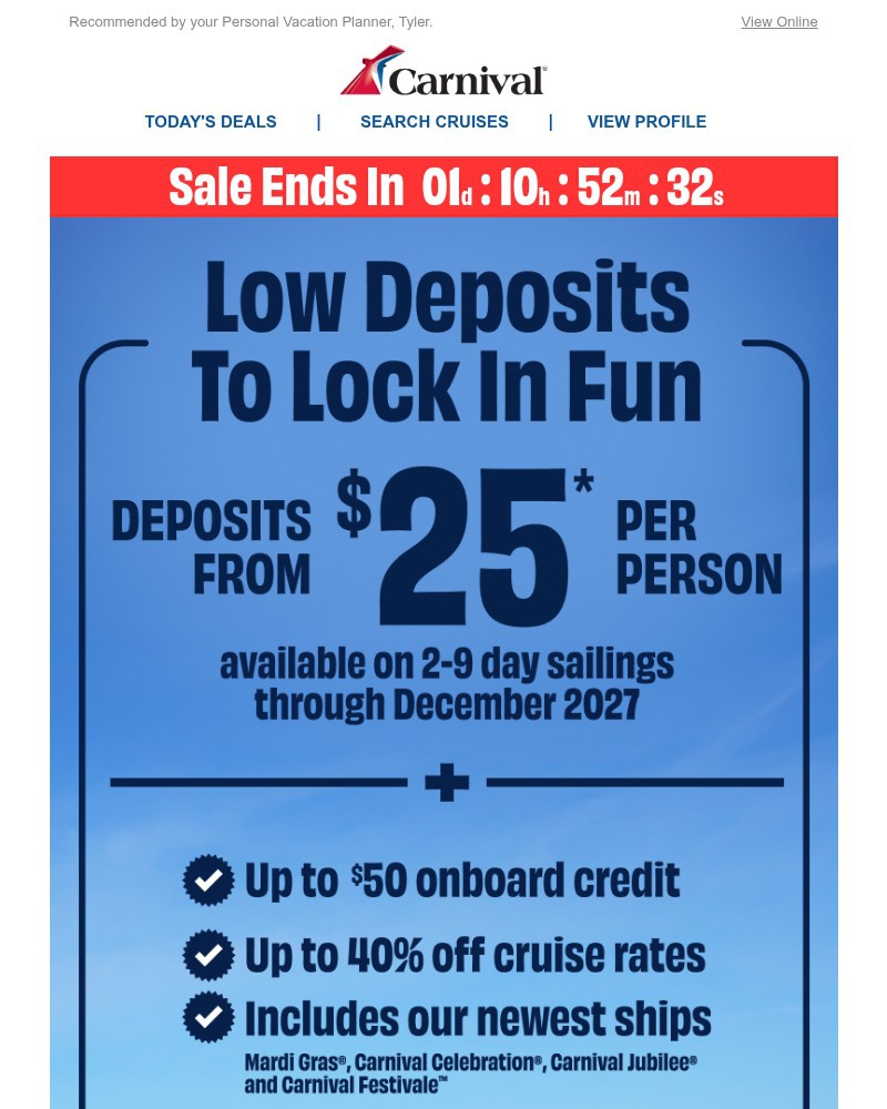 Screenshot of email sent to a Carnival Cruise Line Registered user