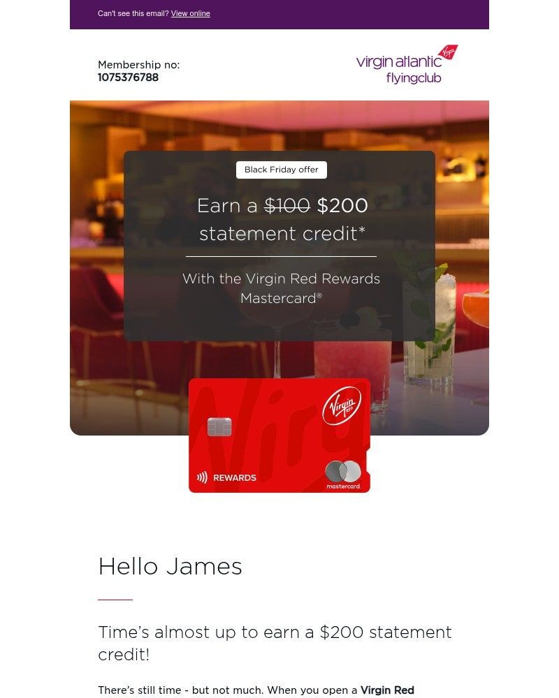 Screenshot of email sent to a Virgin Atlantic Registered user