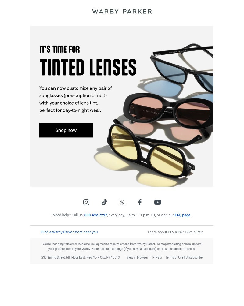 Screenshot of email sent to a Warby Parker Newsletter subscriber