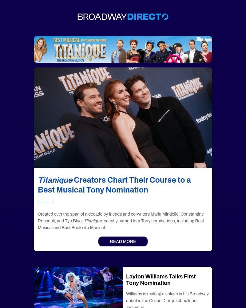 Screenshot of email sent to a Broadway Direct Newsletter subscriber