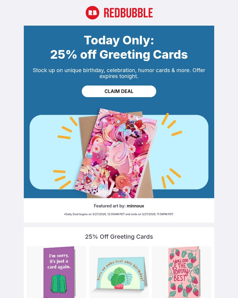 Screenshot of email sent to a Redbubble Newsletter subscriber