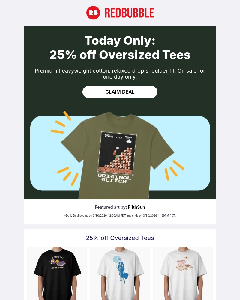 Screenshot of email sent to a Redbubble Newsletter subscriber