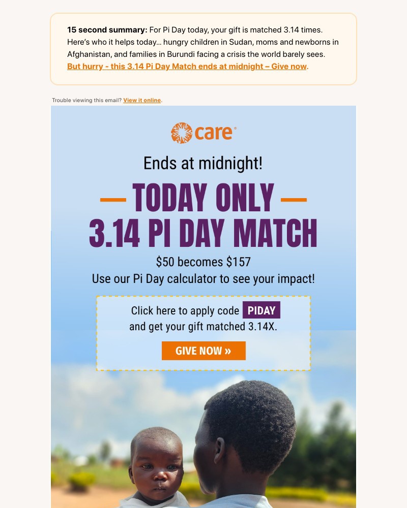 Screenshot of email sent to a Care Newsletter subscriber