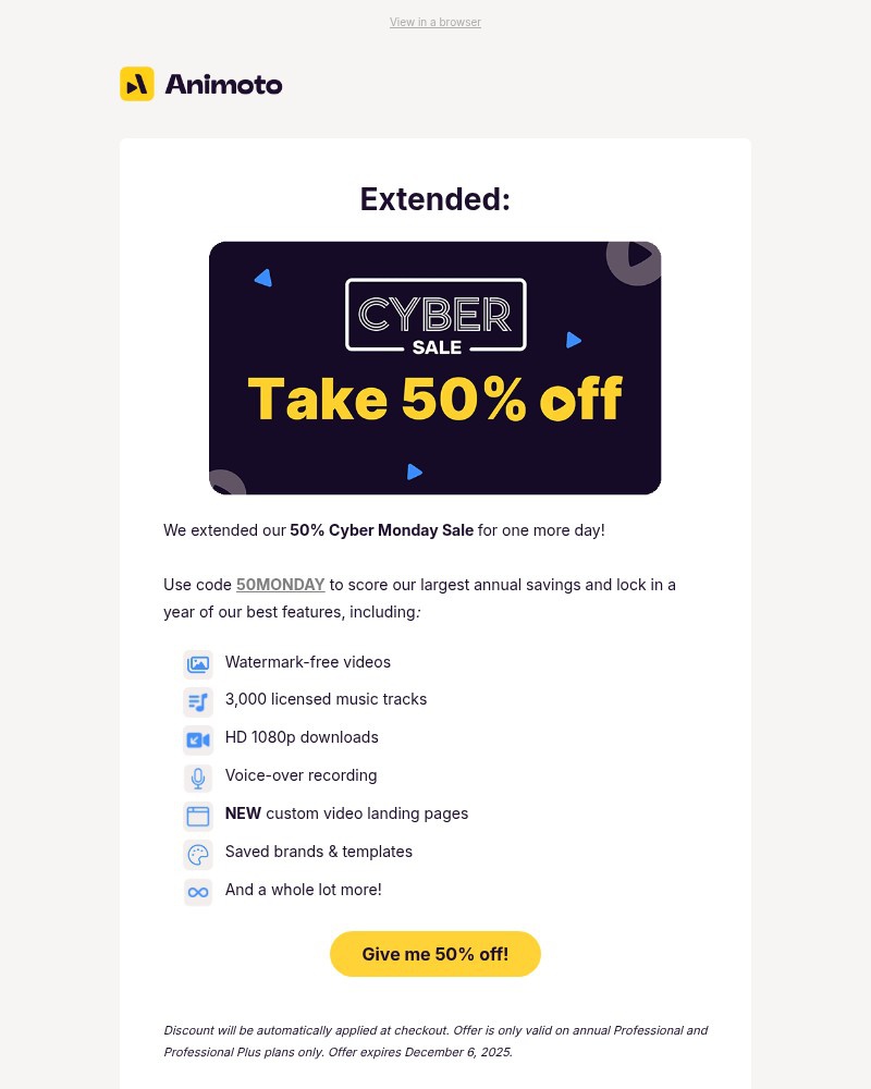 Screenshot of email with subject /media/emails/today-only-50-off-cyber-monday-sale-009fa7-cropped-edb8818e.jpg