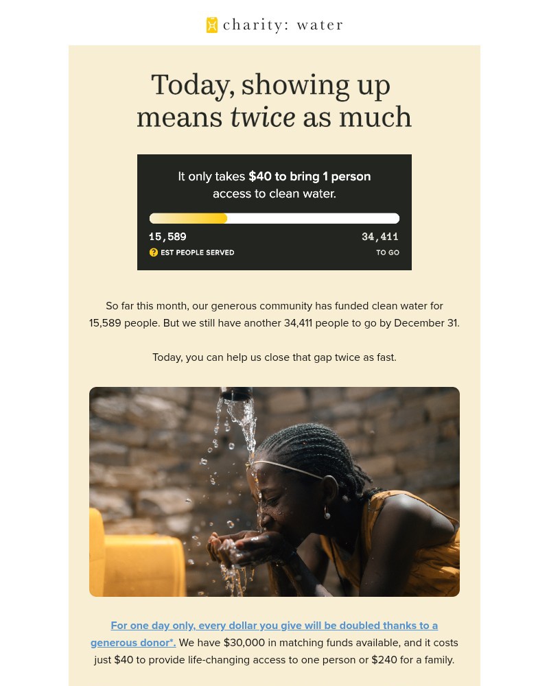 Screenshot of email sent to a Charity Water Newsletter subscriber