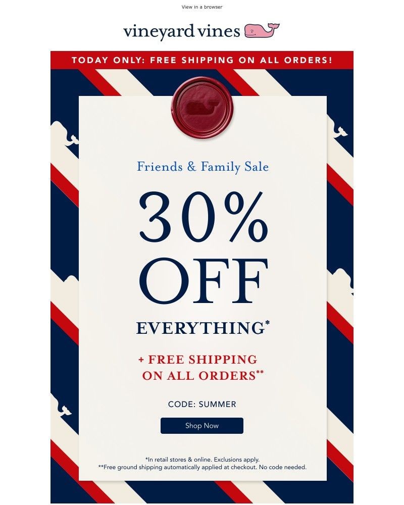 Screenshot of email sent to a Vineyard Vines Newsletter subscriber