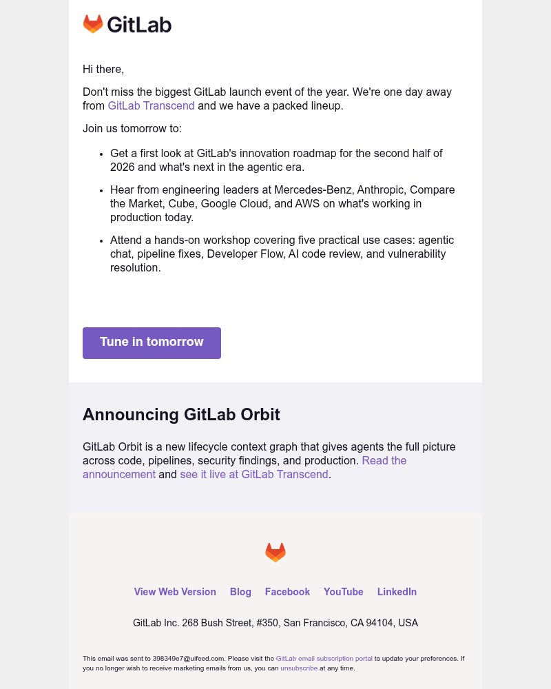 Screenshot of email sent to a GitLab Newsletter subscriber