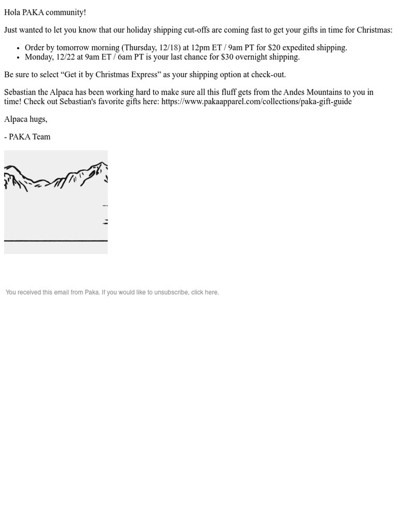 Screenshot of email sent to a Paka Newsletter subscriber