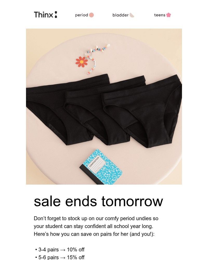 Screenshot of email sent to a Thinx Newsletter subscriber