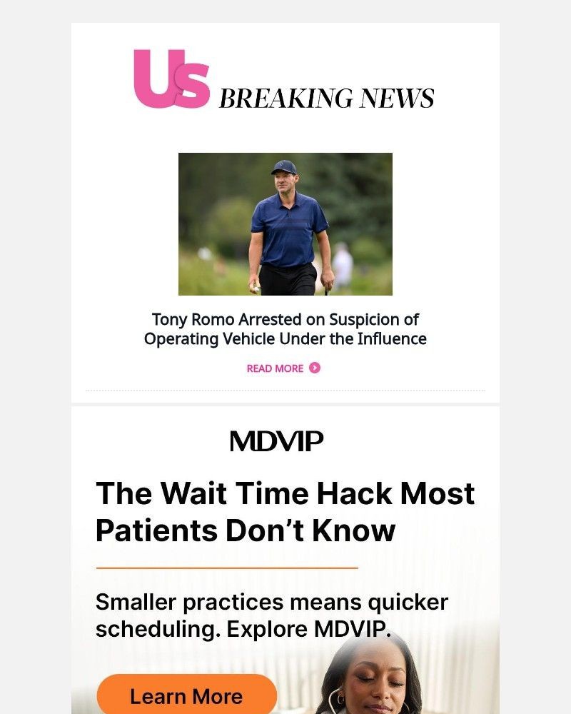 Screenshot of email sent to a Us Weekly Newsletter subscriber