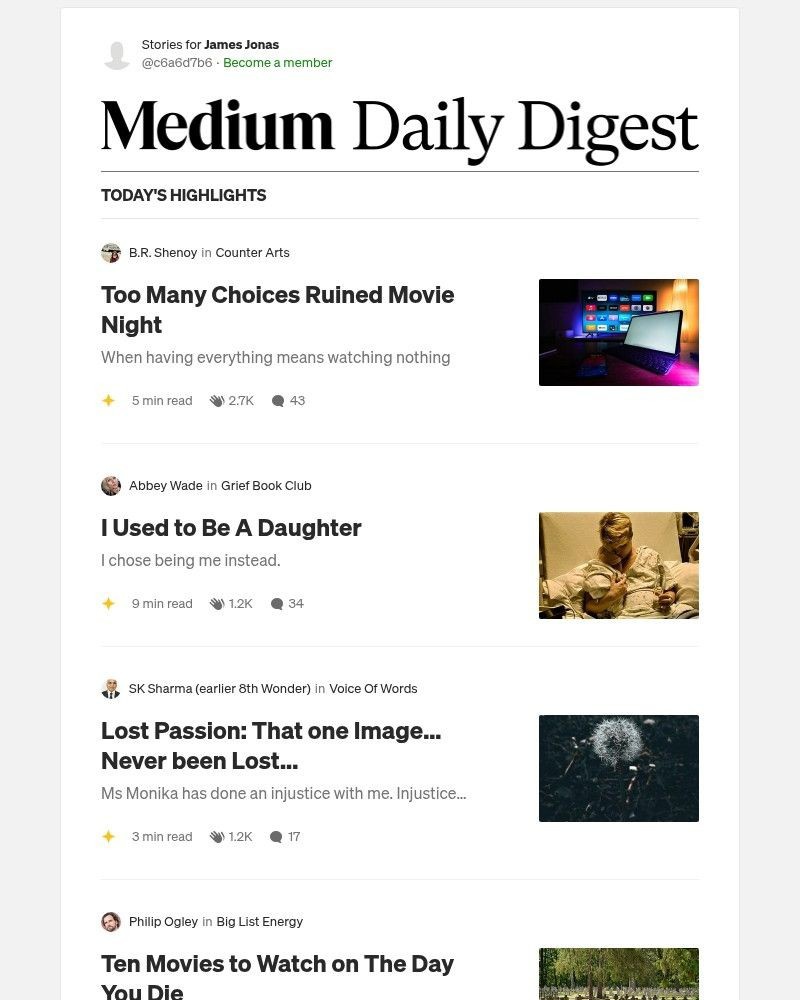 Screenshot of email sent to a Medium Registered user