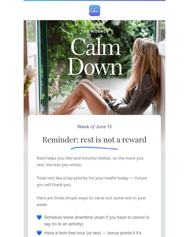 Screenshot of email sent to a Calm Registered user