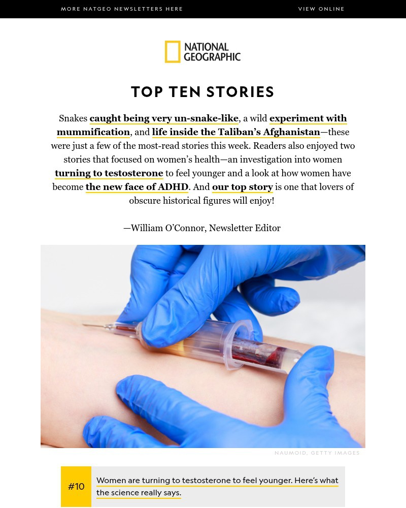 Screenshot of email sent to a National Geographic Newsletter subscriber