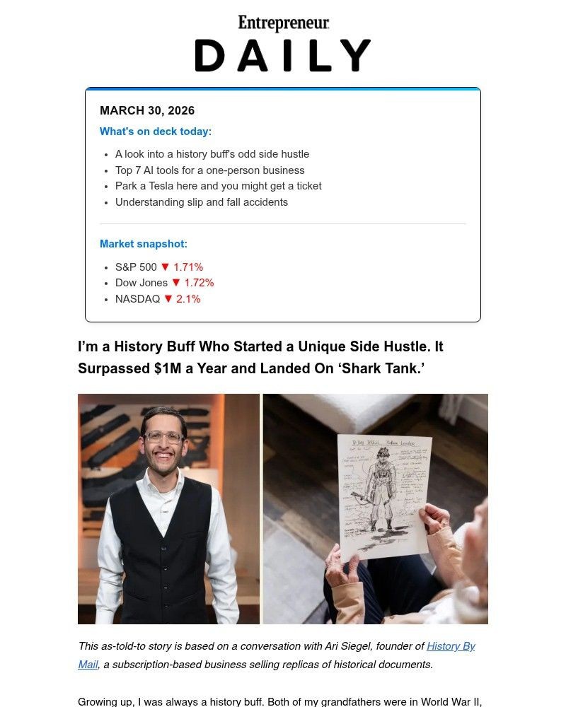 Screenshot of email sent to a Entrepreneur Newsletter subscriber