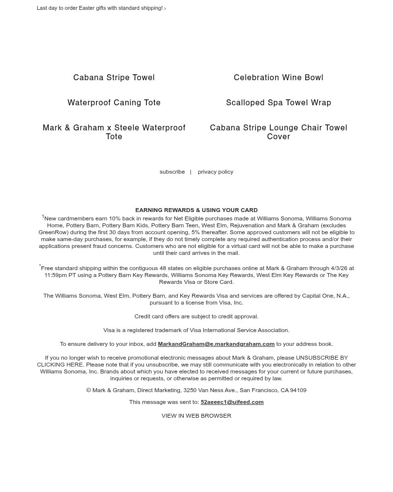 Screenshot of email sent to a Pottery Barn Newsletter subscriber