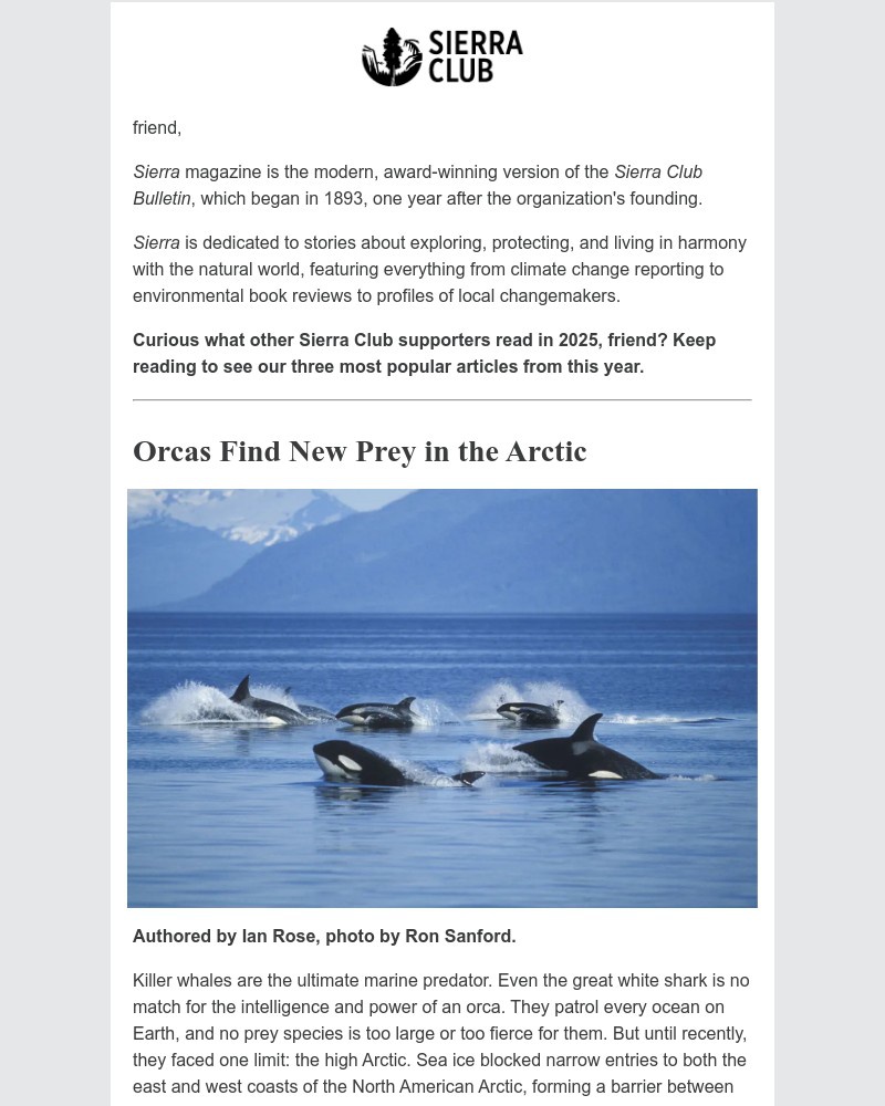 Screenshot of email sent to a Sierra Club Newsletter subscriber