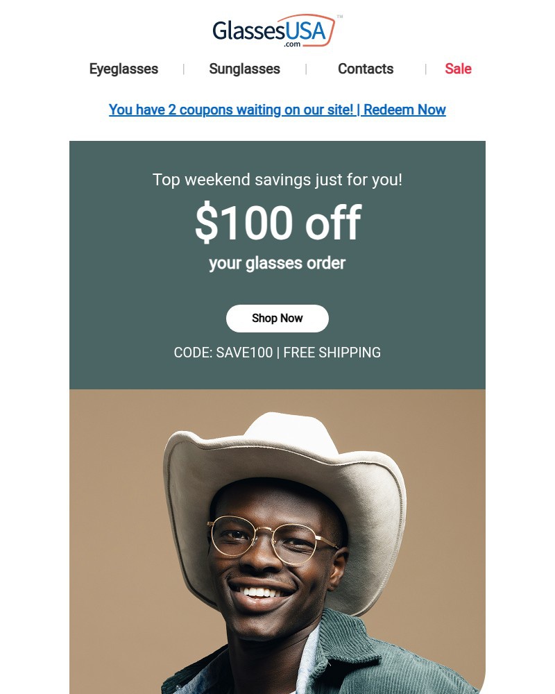 Screenshot of email sent to a Glasses USA Newsletter subscriber