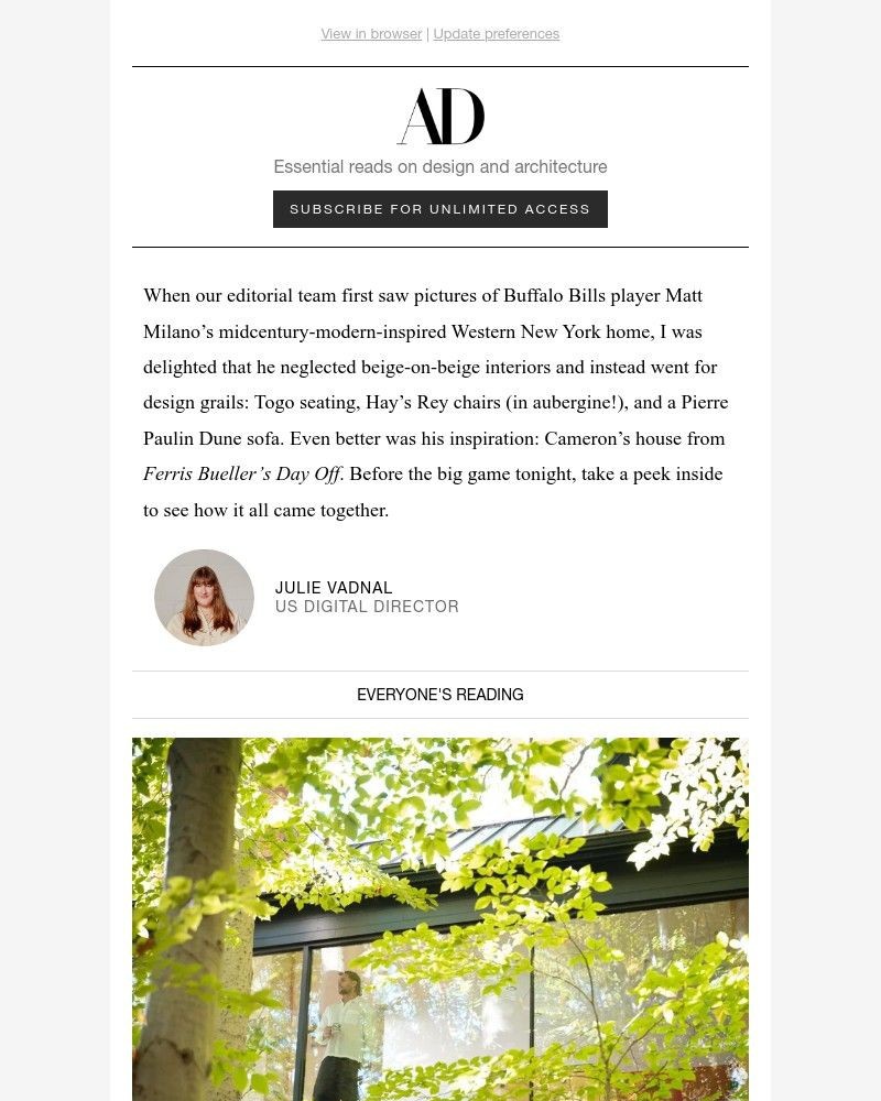 Screenshot of email sent to a Architectural Digest Newsletter subscriber