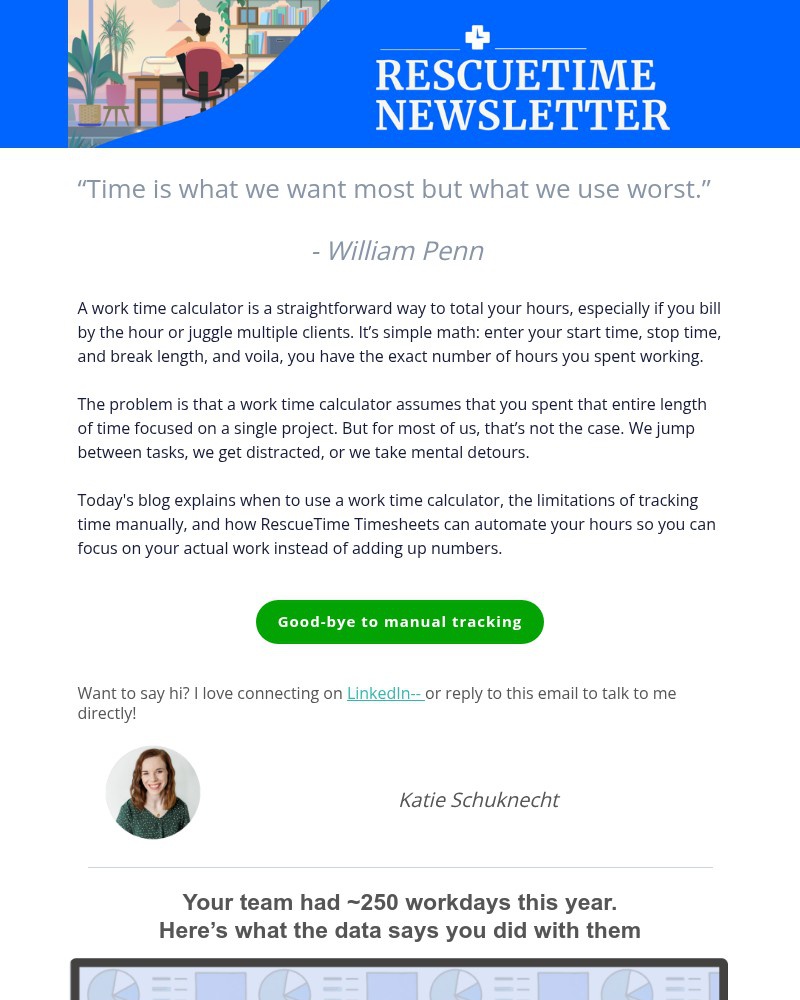 Screenshot of email sent to a RescueTime Newsletter subscriber