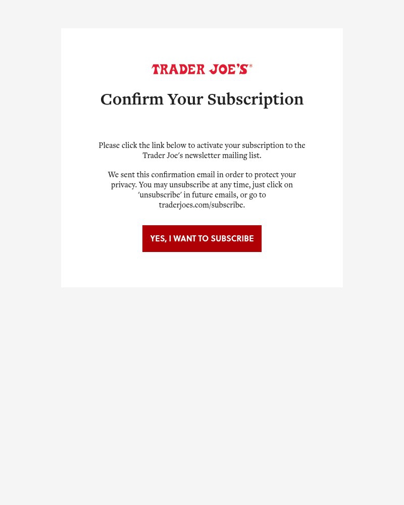 Screenshot of email sent to a Trader Joe’s Newsletter subscriber
