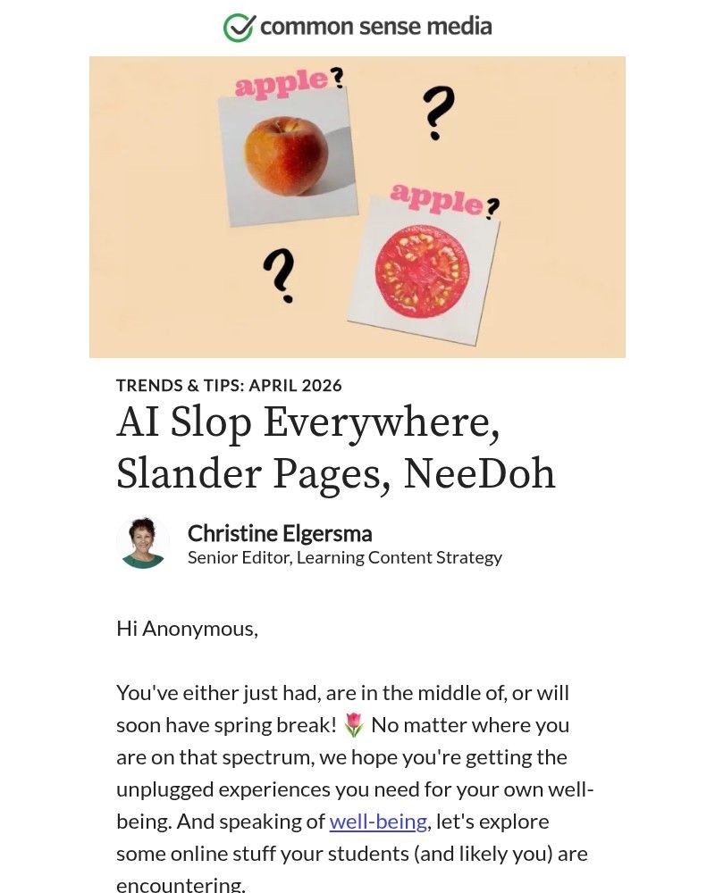 Screenshot of email sent to a Common Sense Newsletter subscriber