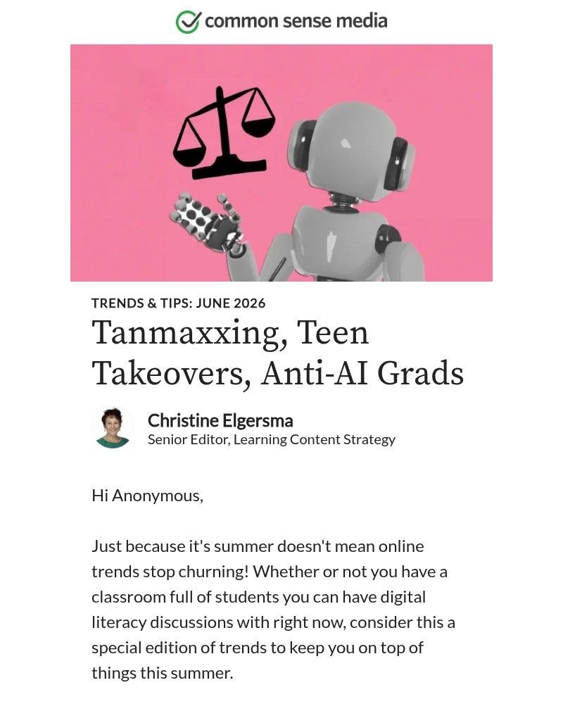 Screenshot of email sent to a Common Sense Newsletter subscriber