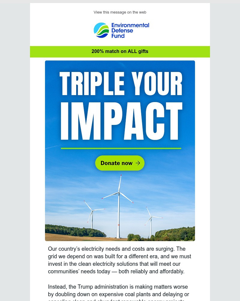 Screenshot of email sent to a Environmental Defense Fund Newsletter subscriber