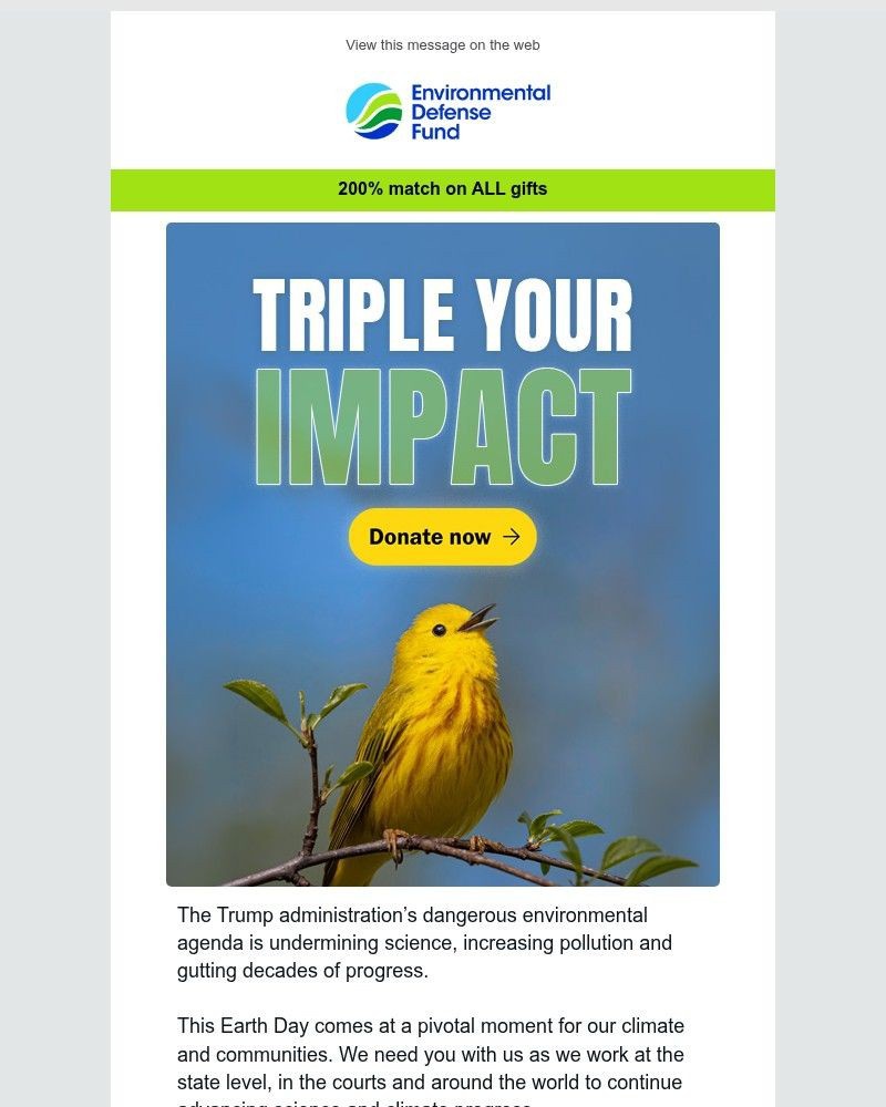 Screenshot of email sent to a Environmental Defense Fund Newsletter subscriber