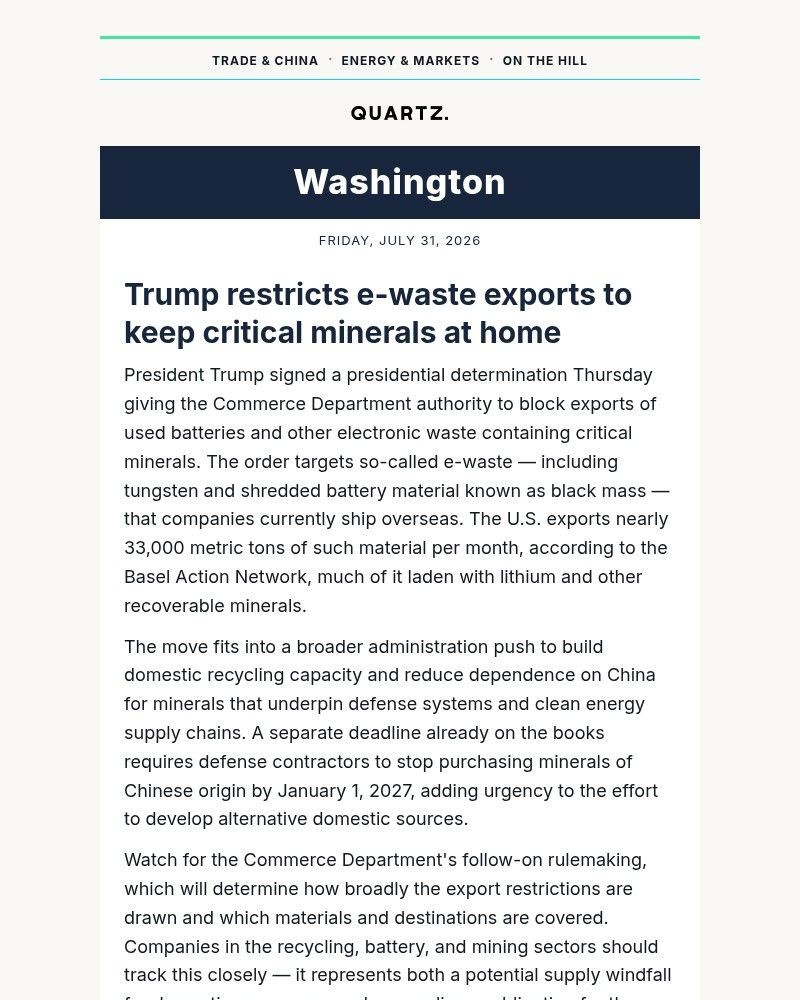 Screenshot of email sent to a Quartz Newsletter subscriber