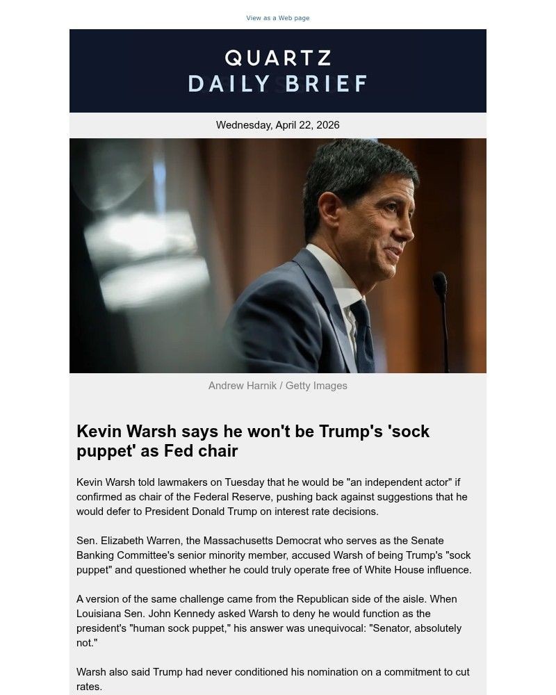 Screenshot of email sent to a Quartz Newsletter subscriber