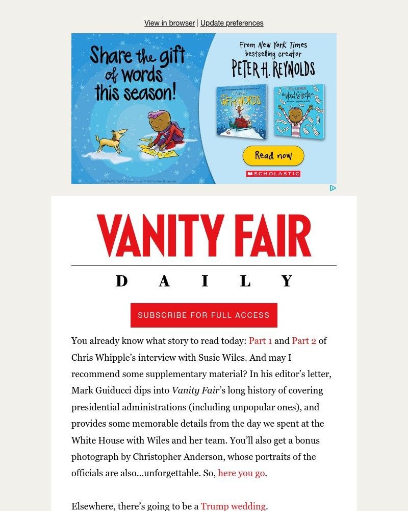Screenshot of email sent to a Vanity Fair Newsletter subscriber