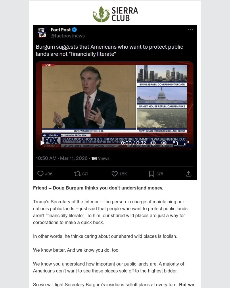 Screenshot of email sent to a Sierra Club Newsletter subscriber