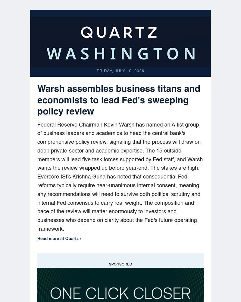 Screenshot of email sent to a Quartz Newsletter subscriber