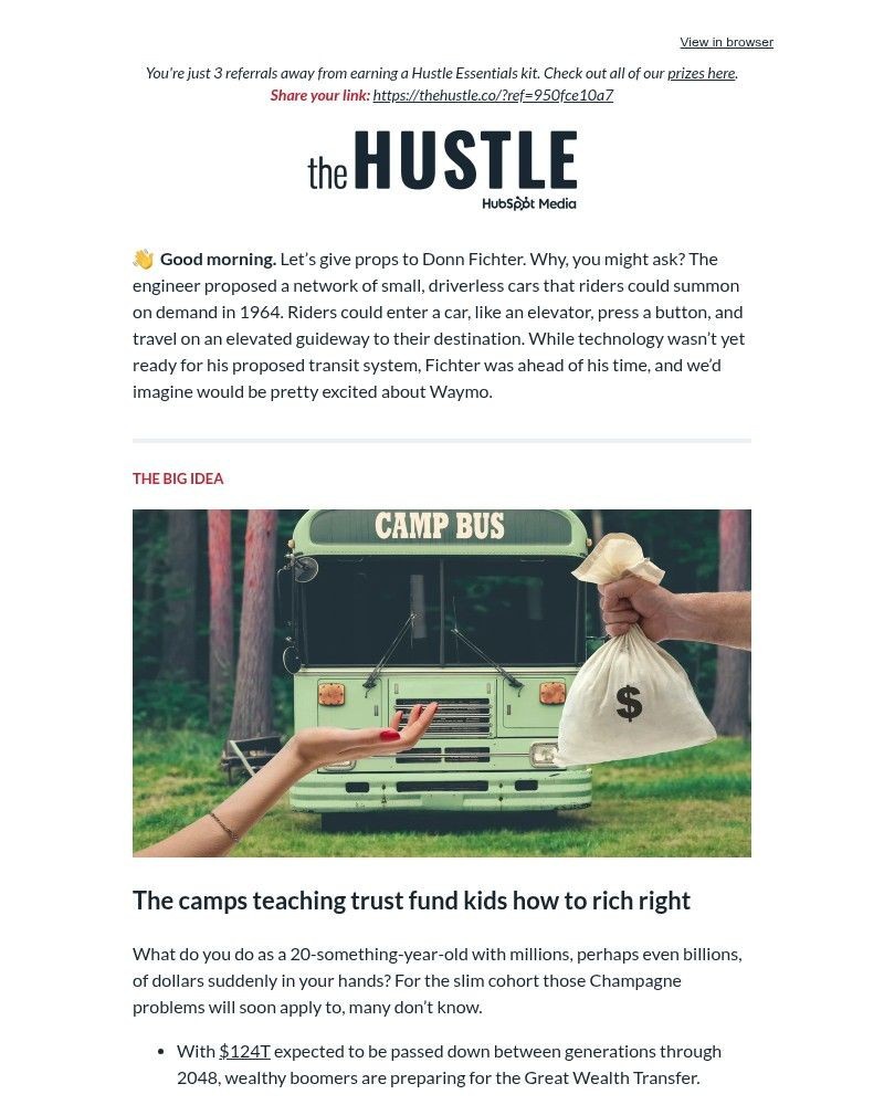 Screenshot of email sent to a The Hustle Newsletter subscriber