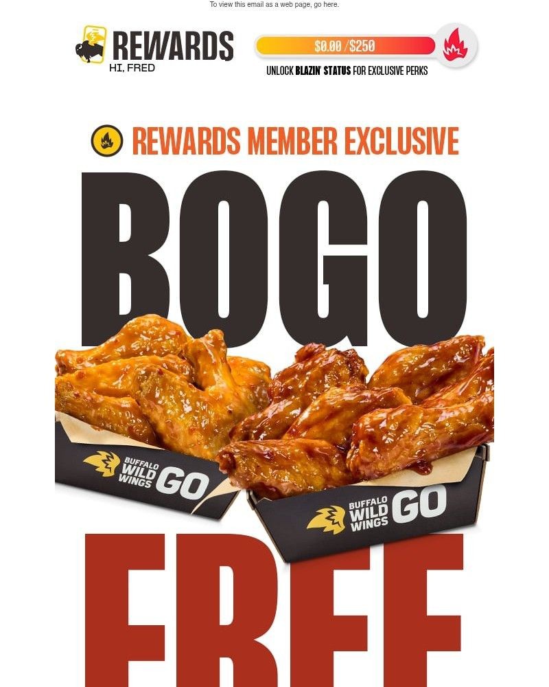Screenshot of email sent to a Buffalo Wild Wings Registered user